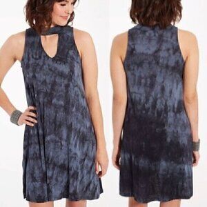 BRAEVE EVEREVER Tie Dye Swing Dress Blue Navy Sleeveless High Neck Cutout Mini